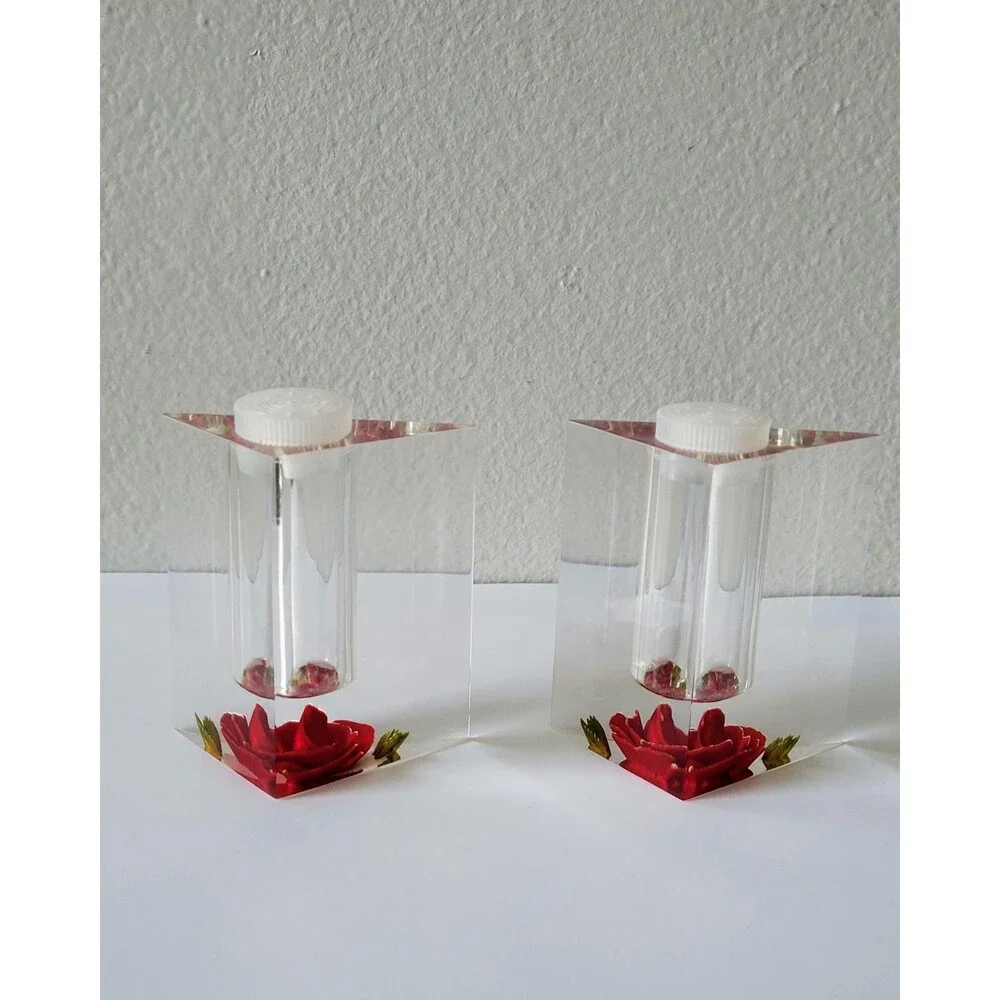 Vintage Clear Lucite Salt and Pepper Shakers Reverse Carved Red Roses Bircraft